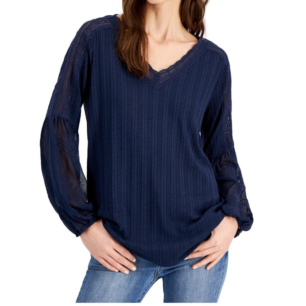 Fever Women's Embroidered Long Puff Sleeves Blouse Knit Top, Dress Blue, XS